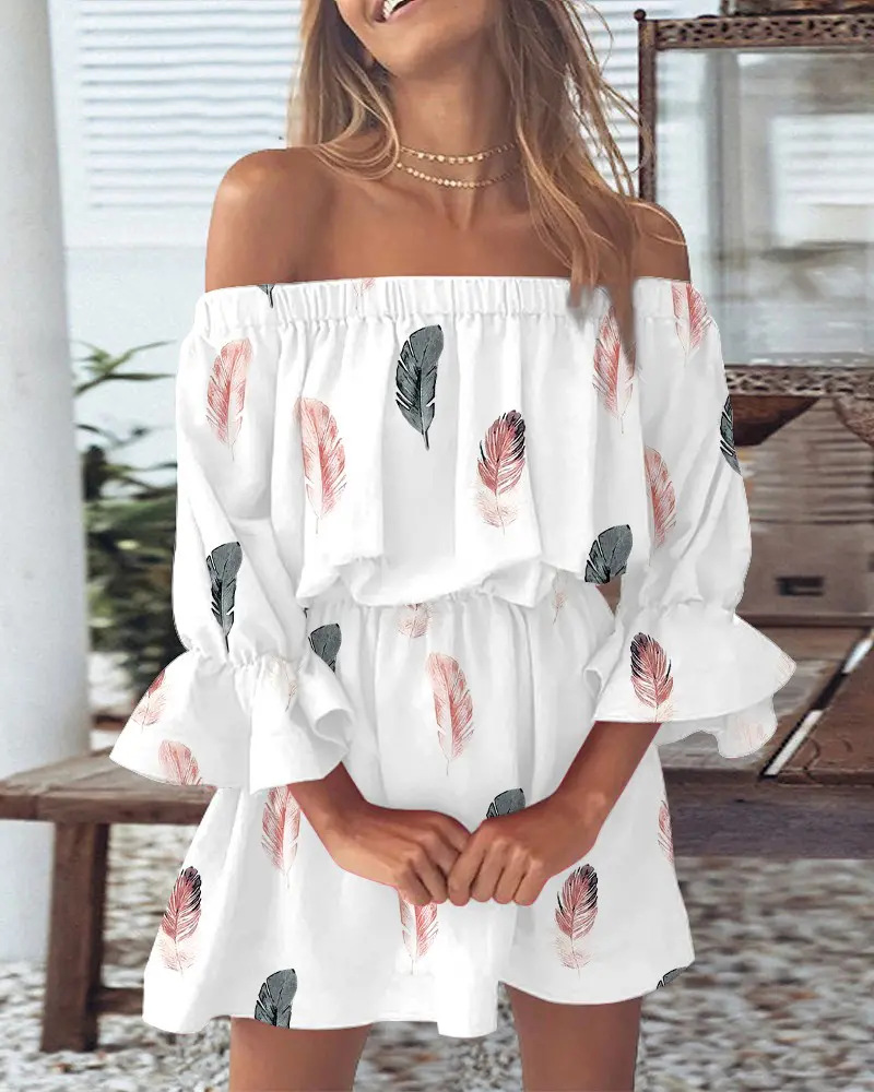 Boho Summer Beach Maxi Dress - Women's Off-Shoulder Floral & Leaf Print