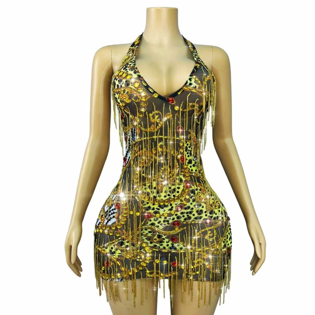 Sparkly Rhinestone Club Party Dress - Sparkly Gold Rhinestones Chains Bodycon Mini