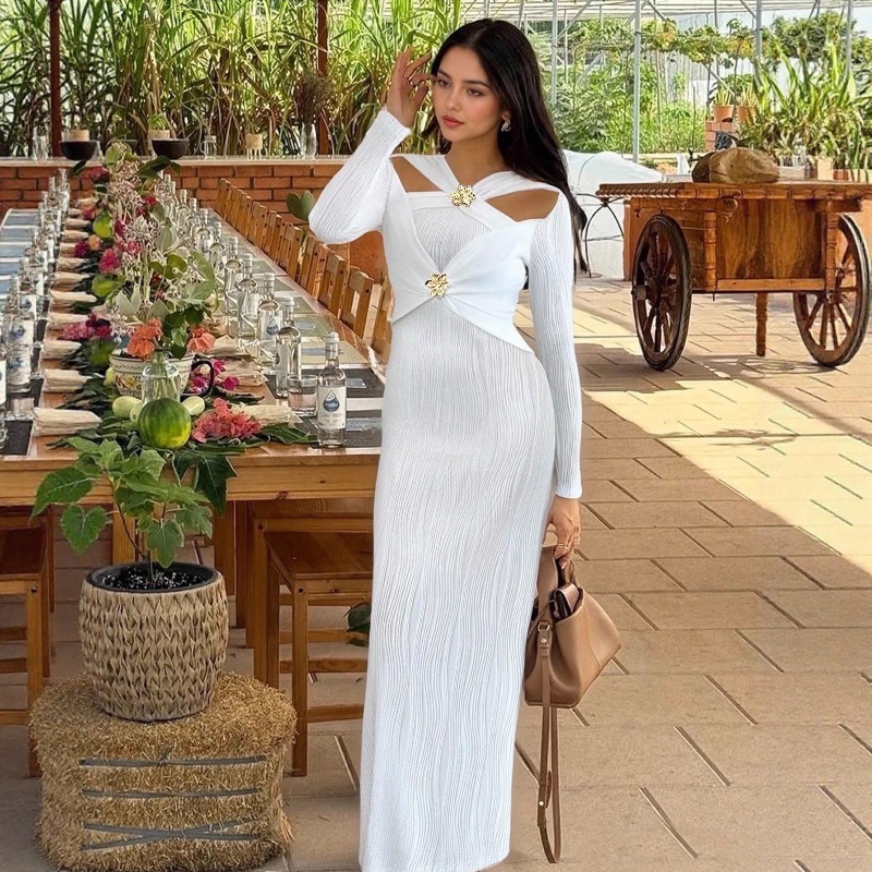 Bodycon Long Sleeve Ribbed Dress - Ribbed Party Evening Dress for Women