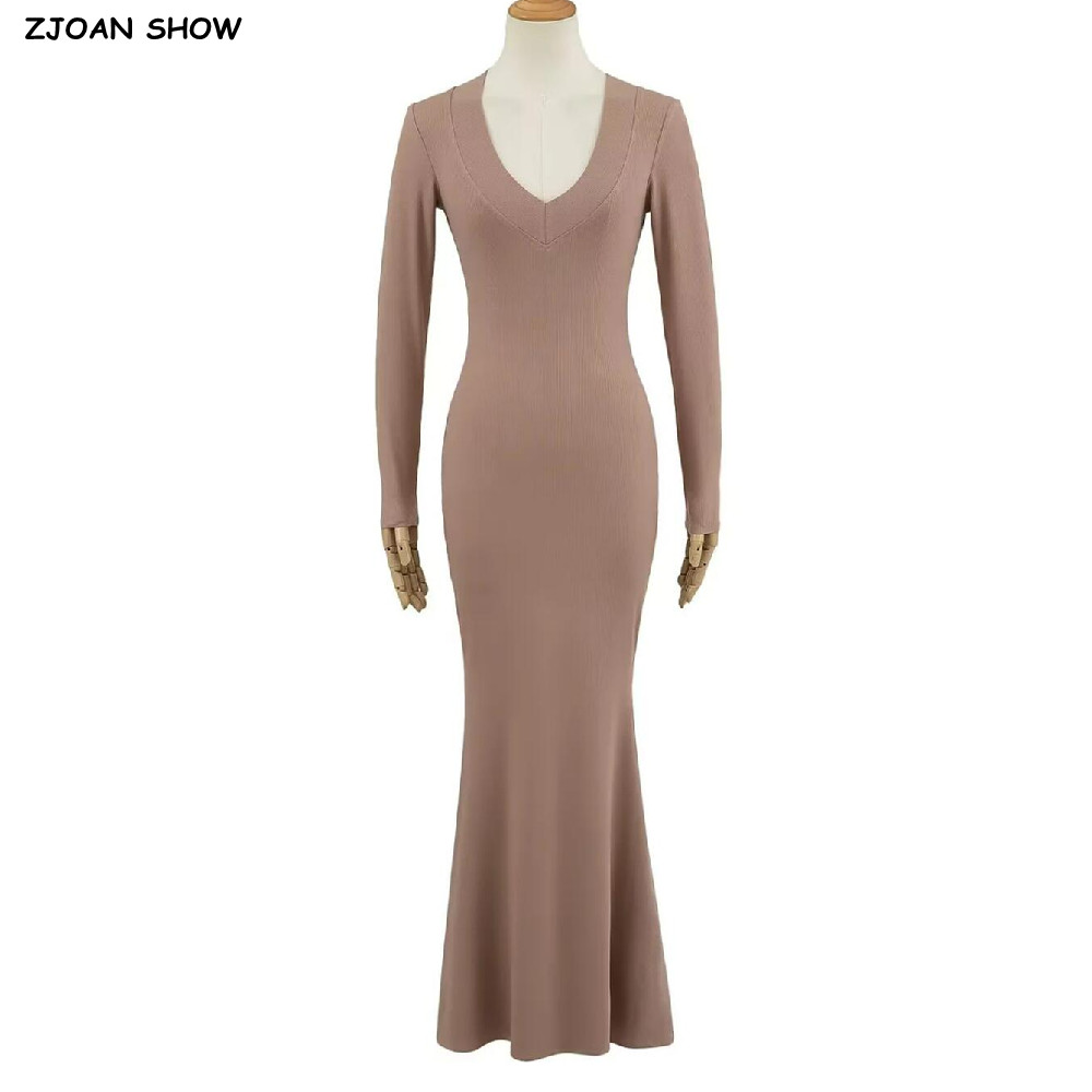Bodycon Long Sleeve Ribbed Dress - 2025 Sexy V Collar Rib Knitted
