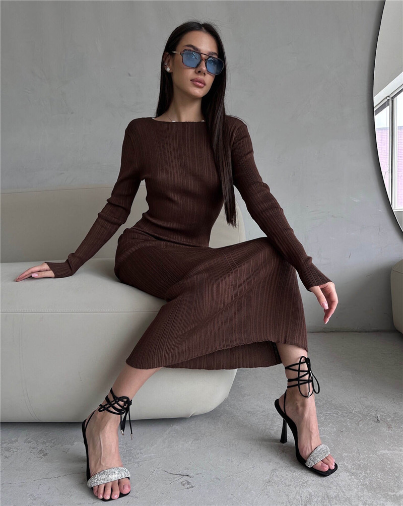 Bodycon Long Sleeve Ribbed Dress - Vsstiar New Fashion Ribbed Knitted Women