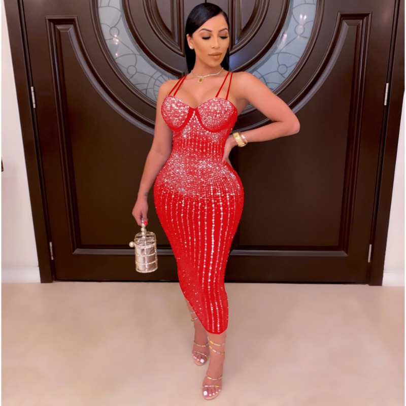 Sparkly Rhinestone Club Party Dress - Sexy See Through Rhinestone Dress Women