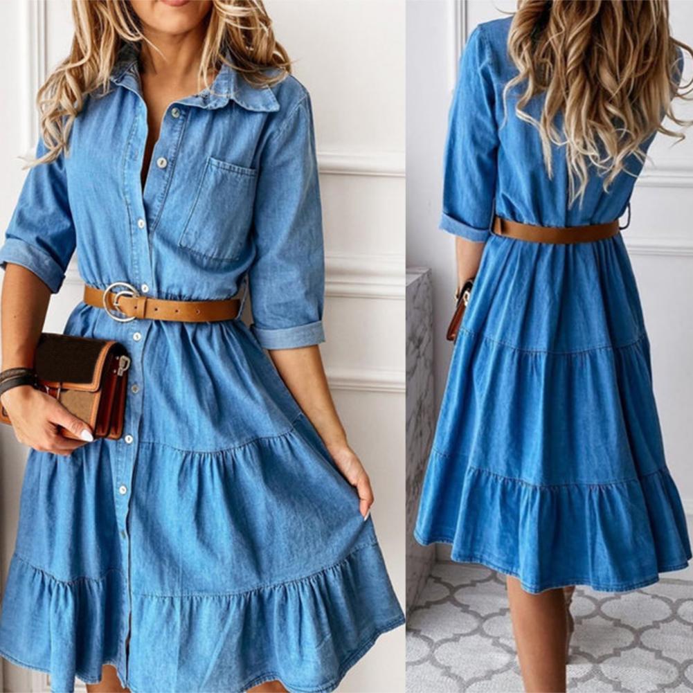 French Vintage Floral Midi Dress - Denim Dress Three Quarter Sleeve with
