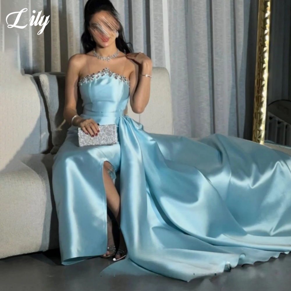 Lily Blue Elegant Formal Gown  - огляд і ціна Elegant Satin Evening Gown Split