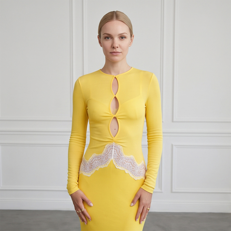 Women Yellow Lace Cutout Long  - огляд і ціна Bodycon Long Sleeve Ribbed Dress