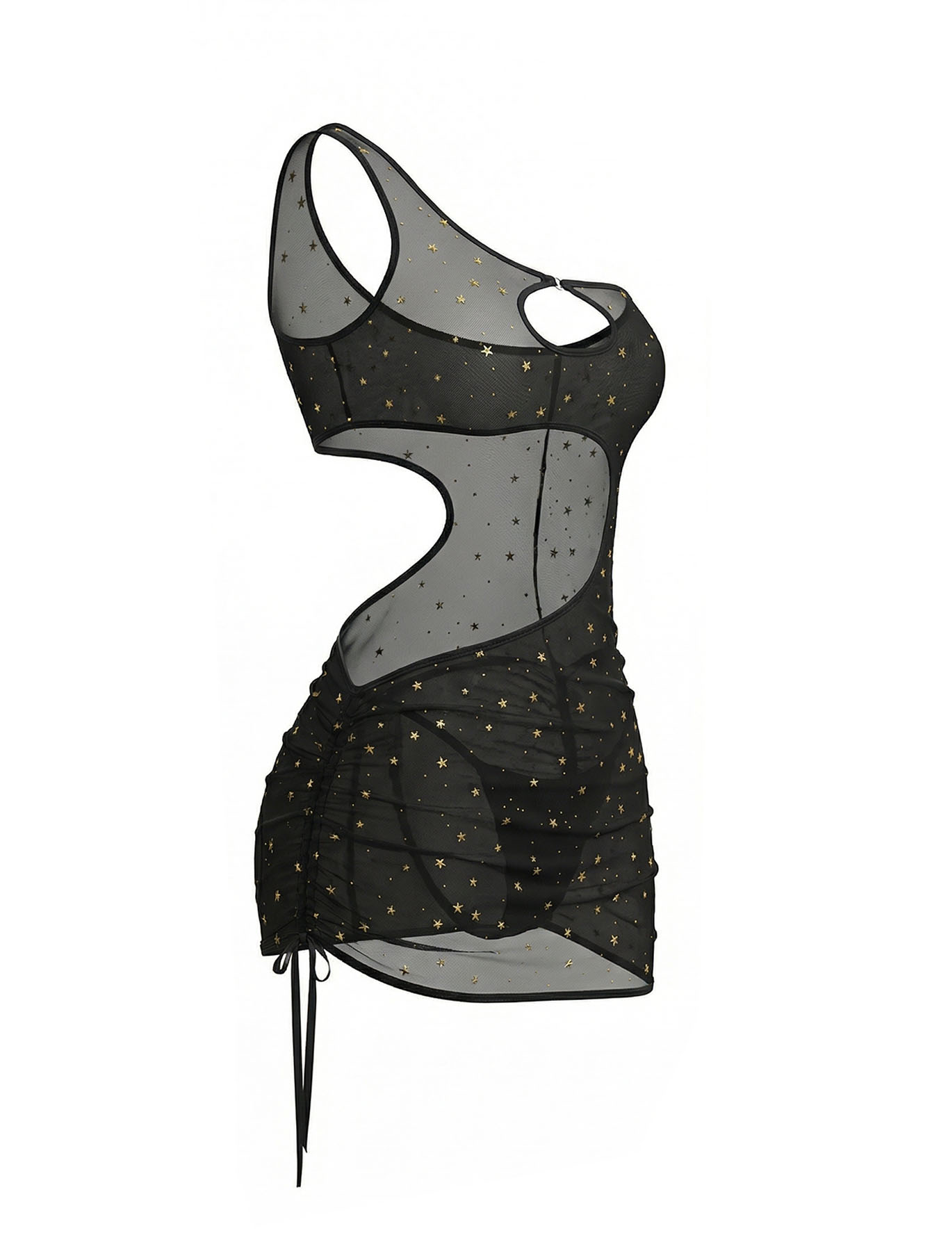 Black One‑Shoulder Star Print  - огляд і ціна Sexy Mesh Sheer Bodycon Dress