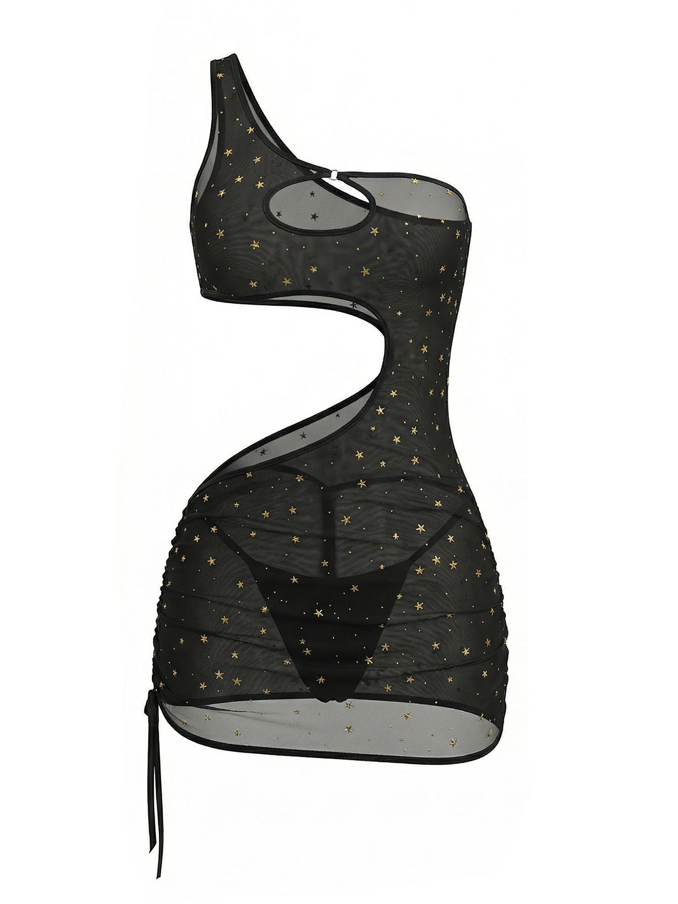 Black One‑Shoulder Star Print  - огляд і ціна Sexy Mesh Sheer Bodycon Dress