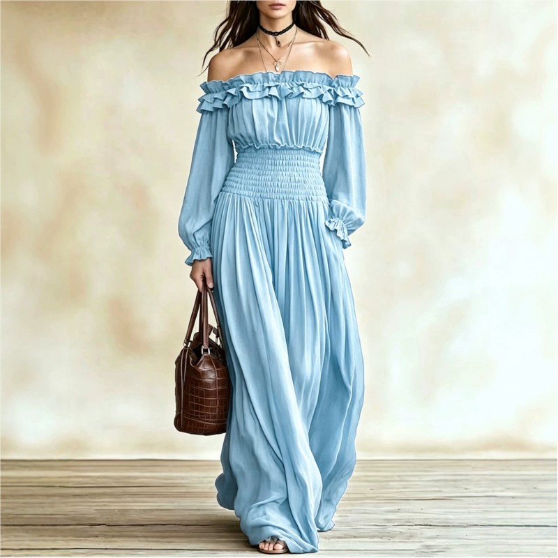 Off Shoulder Fashion Maxi Dres - огляд і ціна Off Shoulder Puff Sleeve Sundress