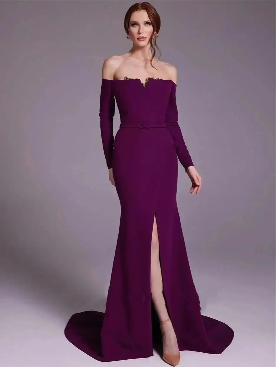 Elegant Purple Satin Off-the-s - огляд і ціна Elegant Satin Evening Gown Split
